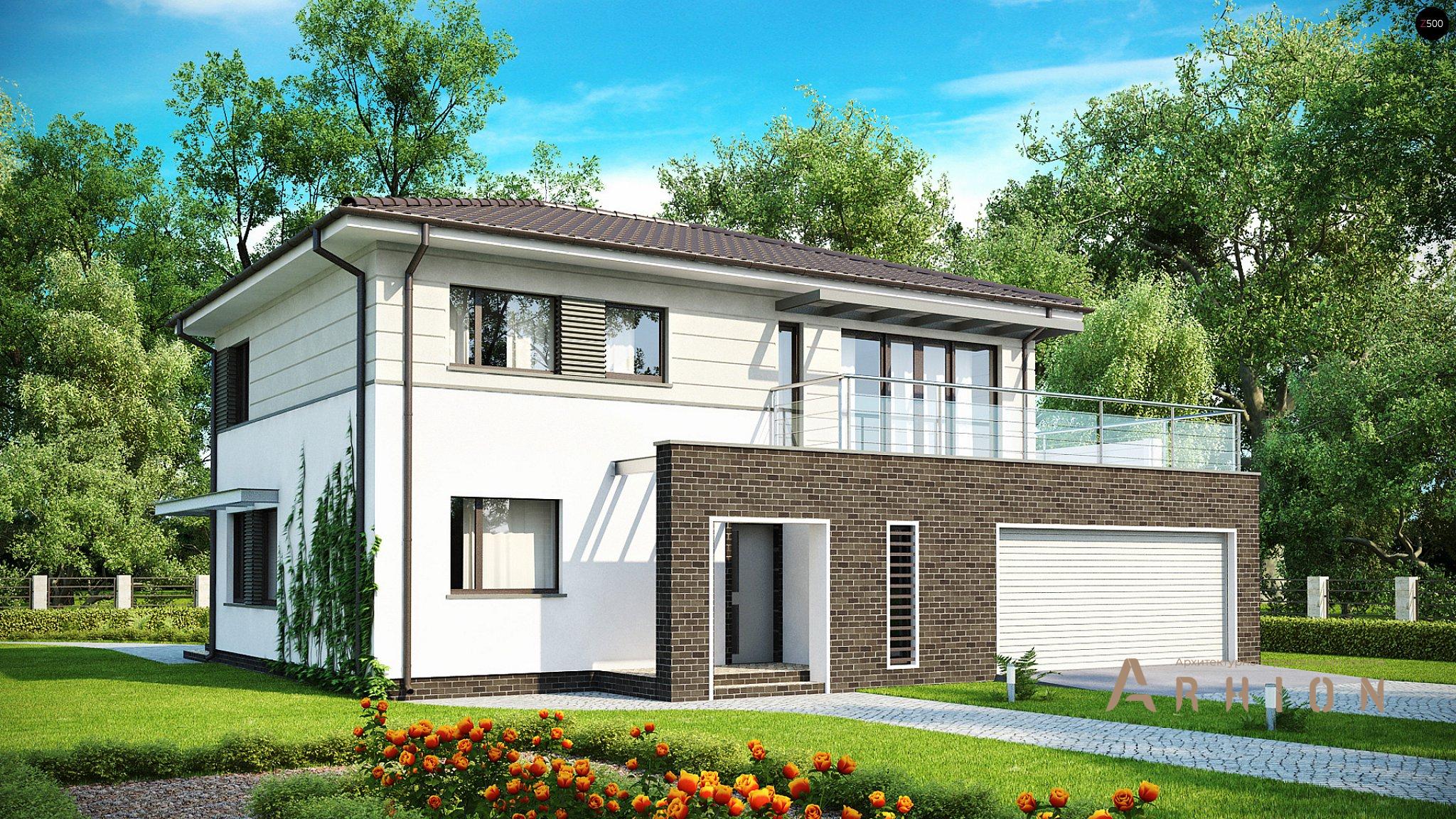 1. Проект двухэтажного дома в современном стиле с четырехскатной, Zx26, площадью - 197 кв c терассой, балконом, гаражом