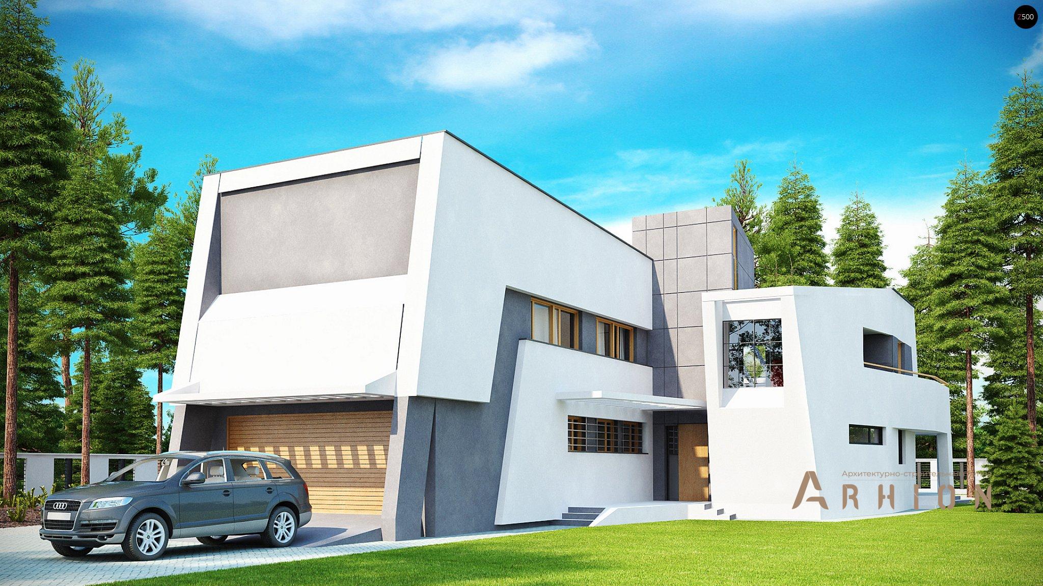 1. Проект двухэтажного дома в стиле лофт с плоской кровлей , Zx27, площадью - 345 кв c терассой, балконом, гаражом