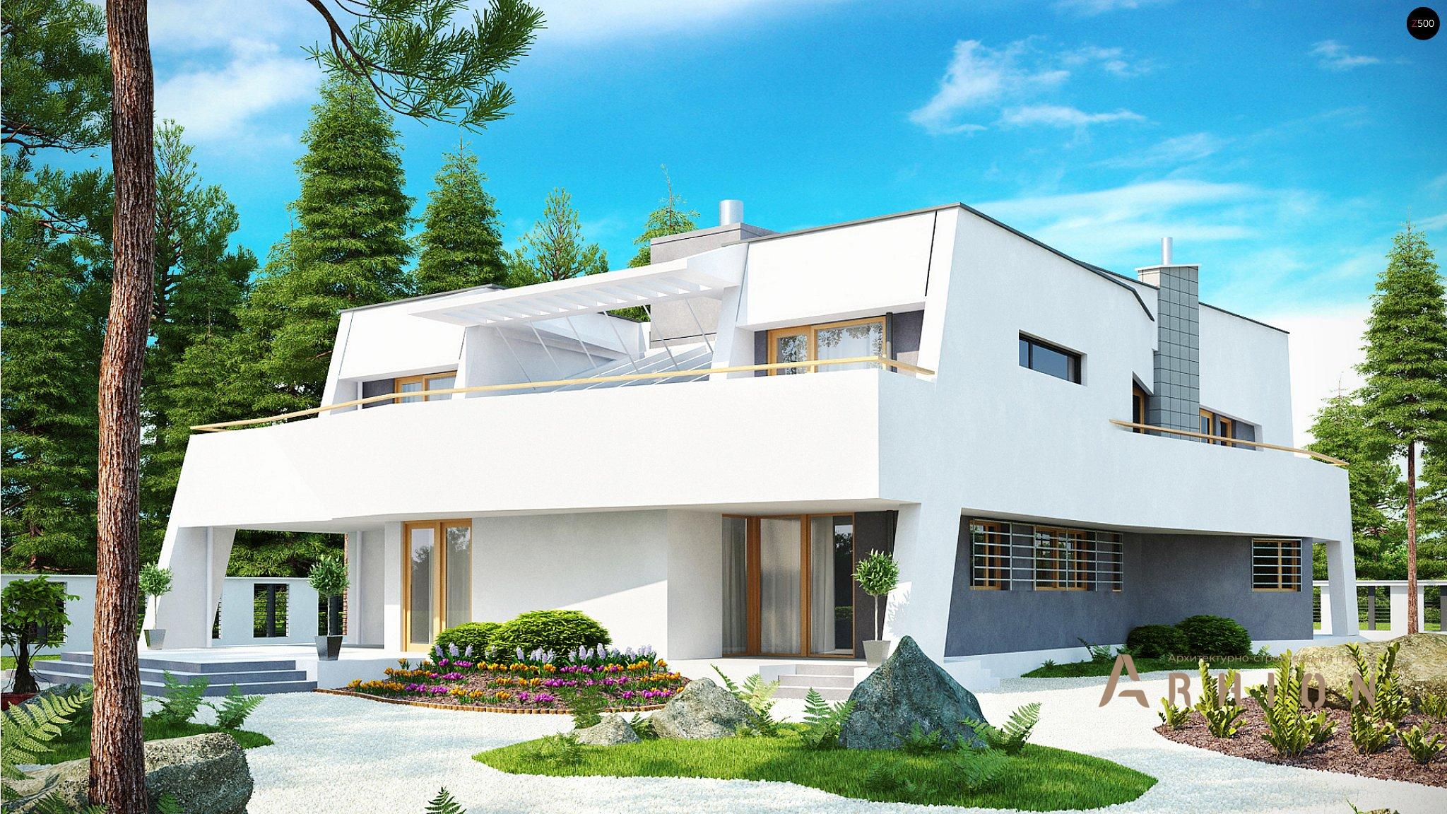 2. Проект двухэтажного дома в стиле лофт с плоской кровлей , Zx27, площадью - 345 кв c терассой, балконом, гаражом