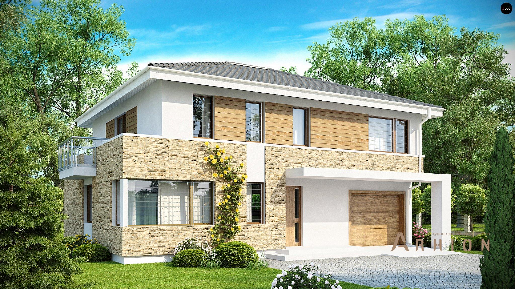 1. Проект двухэтажного дома в современном стиле с четырехскатной, Zx29, площадью - 193 кв c терассой, балконом, гаражом