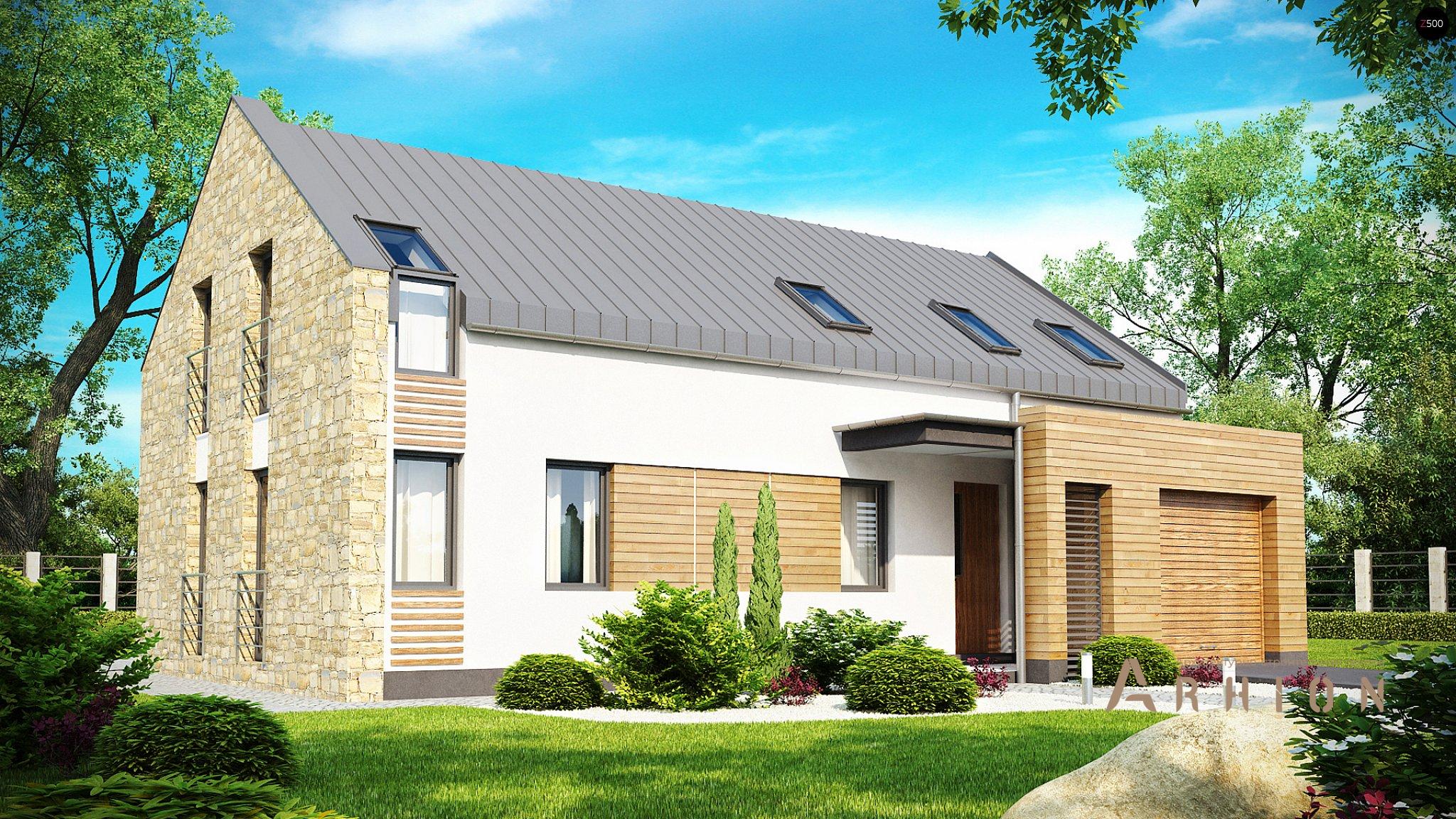 1. Проект одноэтажного дома в стиле барн с двускатной кровлей, Zx38, площадью - 187 кв c мансардой, терассой, гаражом