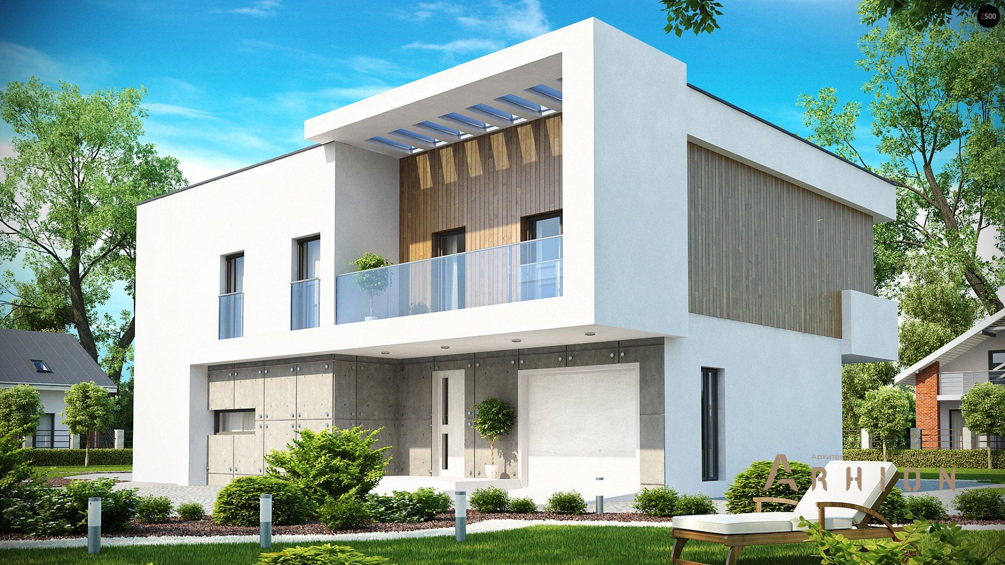 1. Проект двухэтажного дома в стиле хай-тек с плоской кровлей , Zx39, площадью - 225 кв c терассой, балконом, гаражом