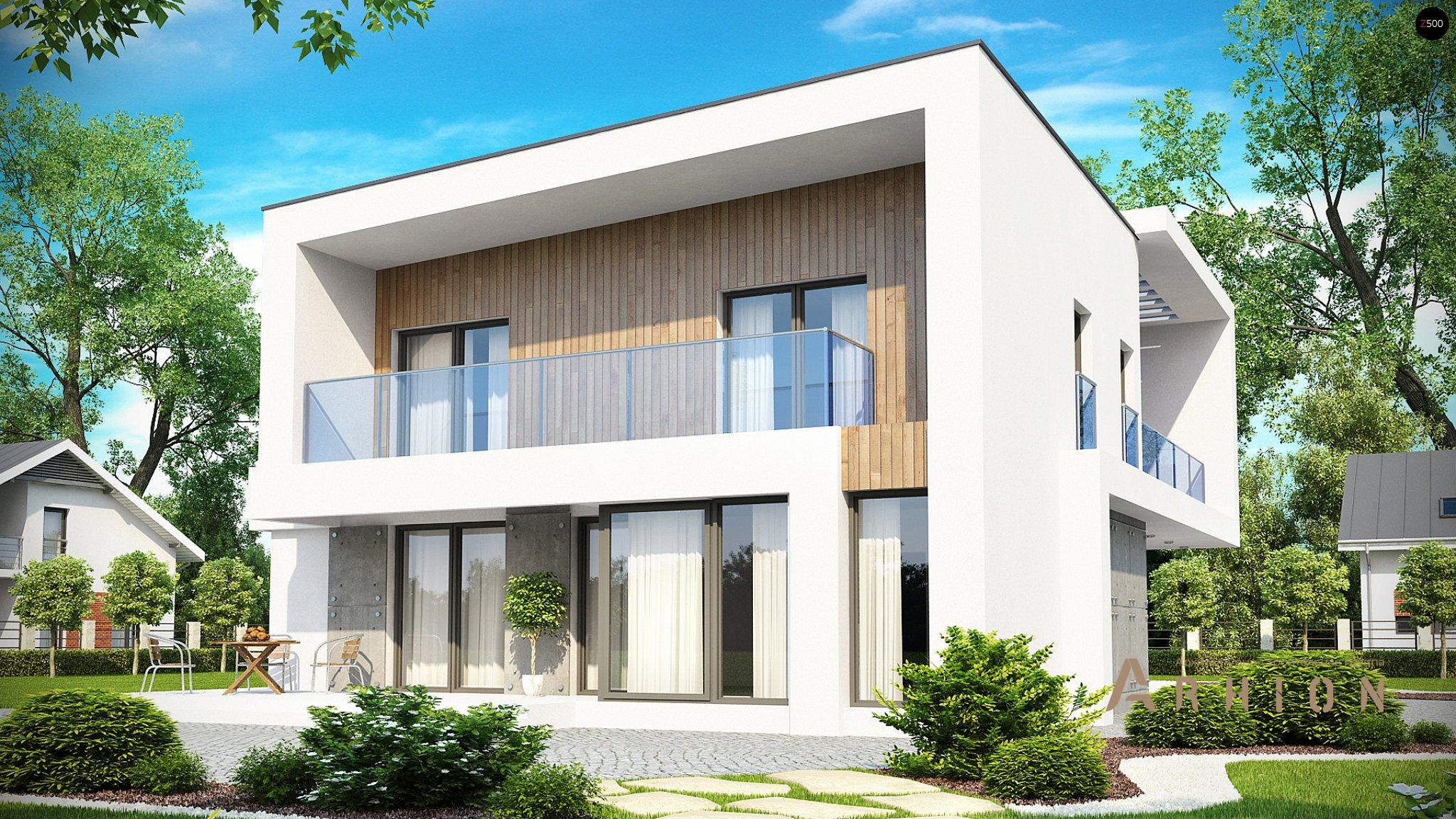 2. Проект двухэтажного дома в стиле хай-тек с плоской кровлей , Zx39, площадью - 225 кв c терассой, балконом, гаражом