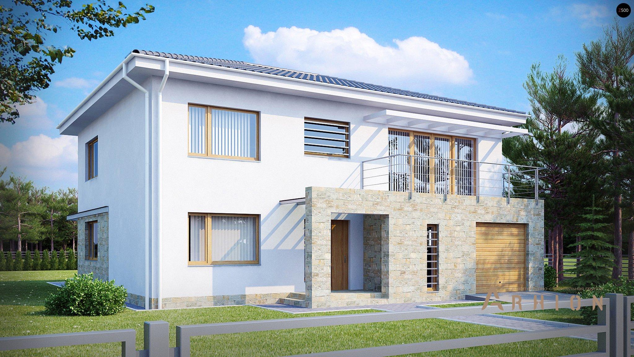 1. Проект двухэтажного дома в современном стиле с четырехскатной, Zx4, площадью - 222 кв c терассой, балконом, гаражом