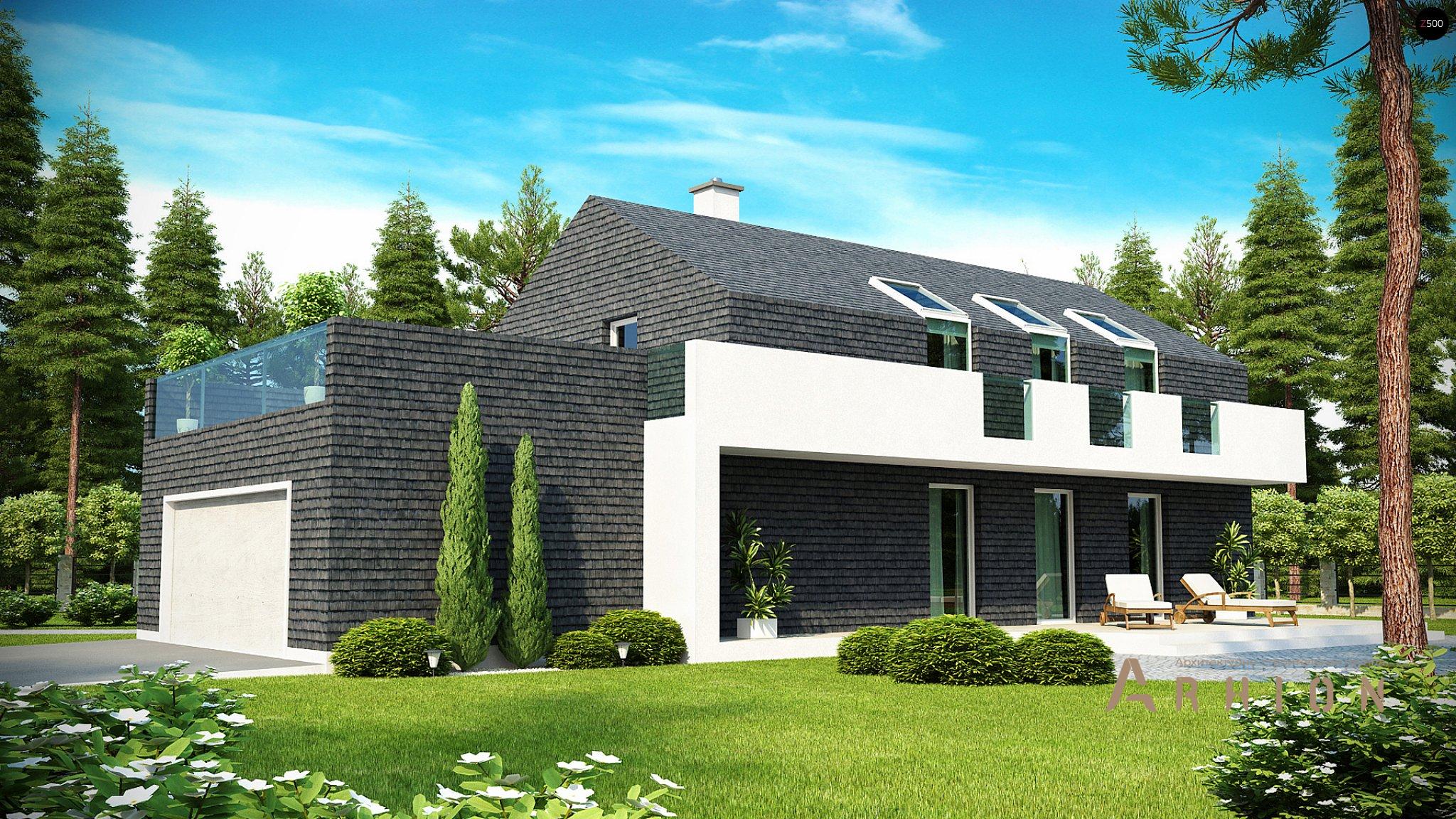 13. Проект одноэтажного дома в стиле барн с двускатной кровлей, Zx40, площадью - 198 кв c мансардой, терассой, балконом, гаражом