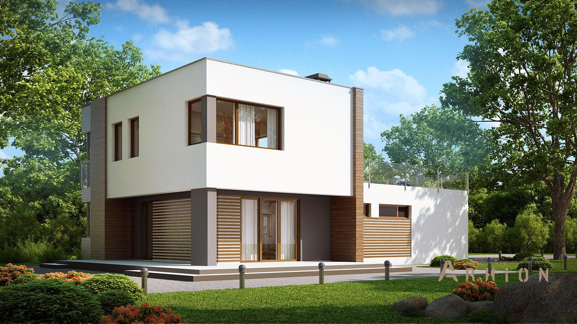 2. Проект двухэтажного дома в стиле минимализм с плоской кровлей , Zx41, площадью - 141 кв c терассой, гаражом