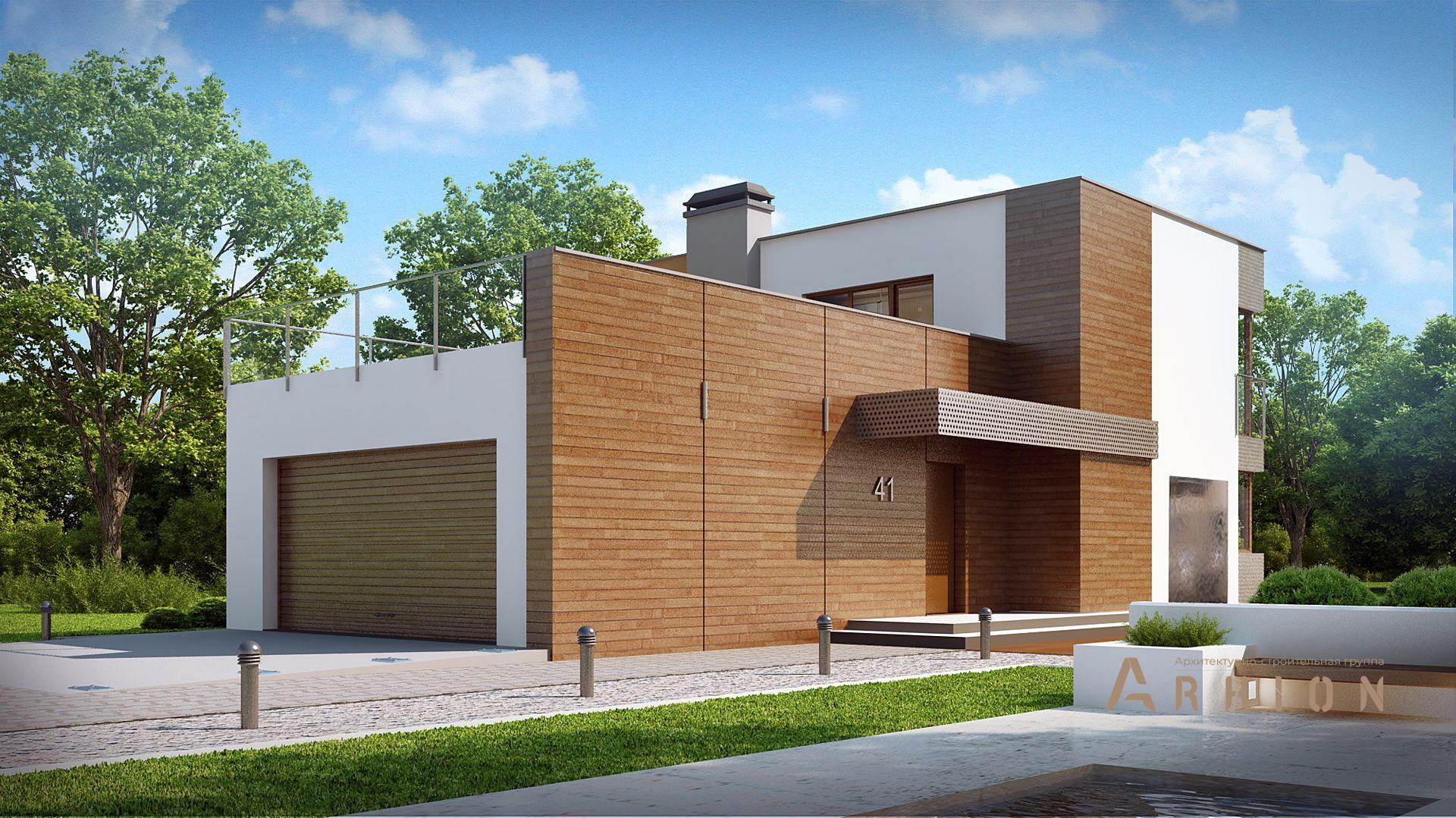 1. Проект двухэтажного дома в стиле минимализм с плоской кровлей , Zx41, площадью - 141 кв c терассой, гаражом