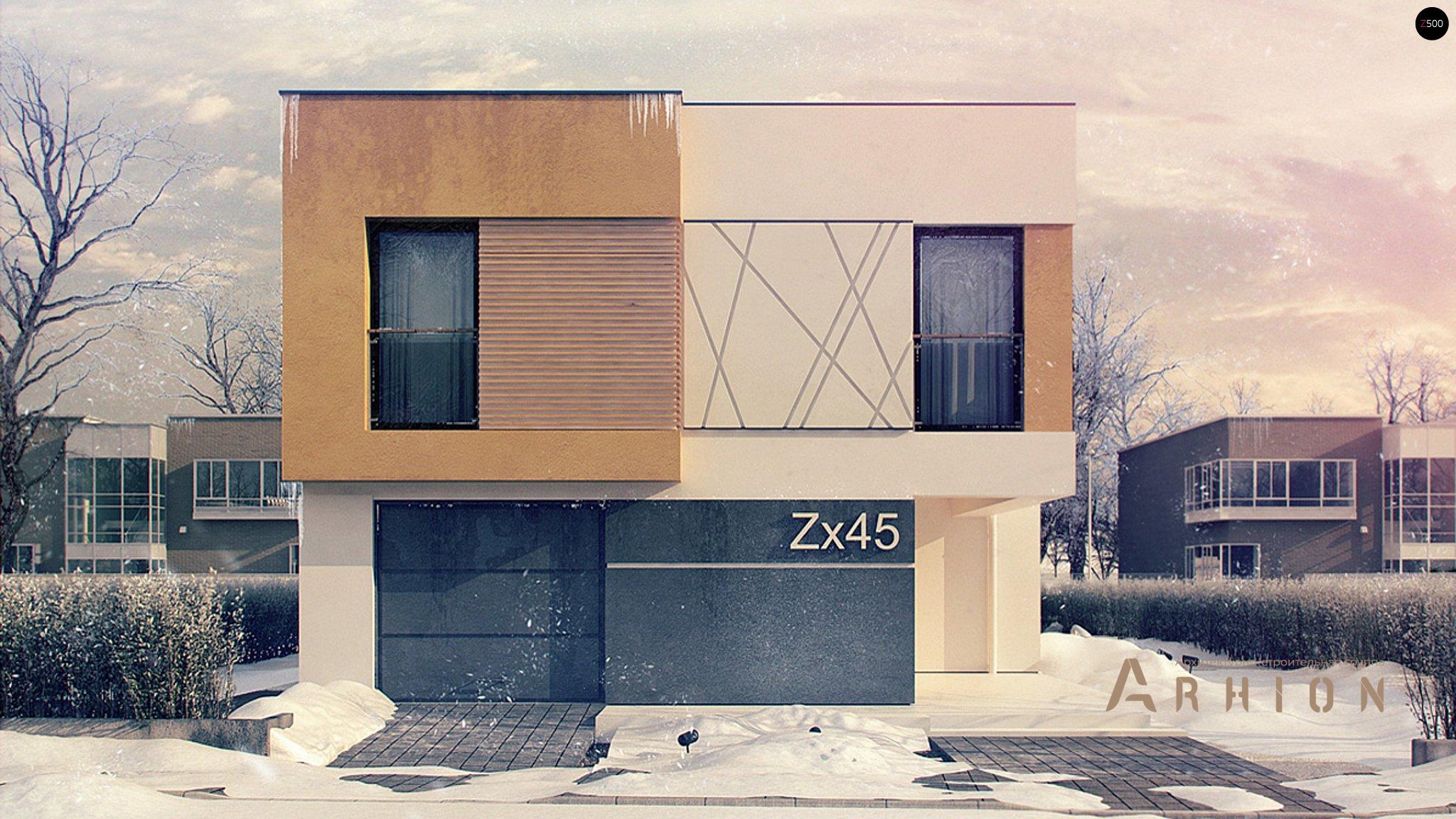 1. Проект двухэтажного дома в стиле минимализм с плоской кровлей , Zx45, площадью - 190 кв c терассой, балконом, гаражом