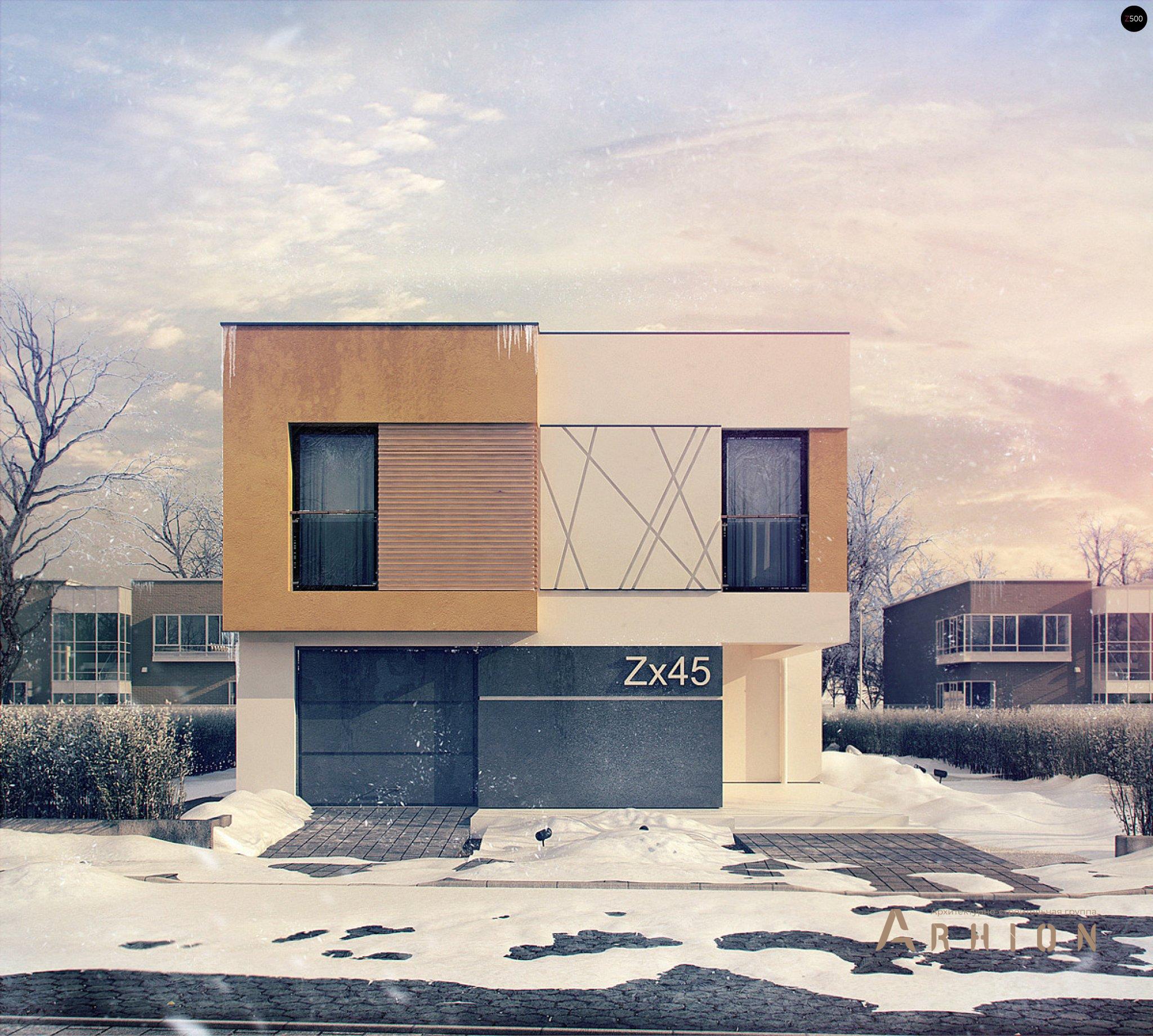 23. Проект двухэтажного дома в стиле минимализм с плоской кровлей , Zx45, площадью - 190 кв c терассой, балконом, гаражом