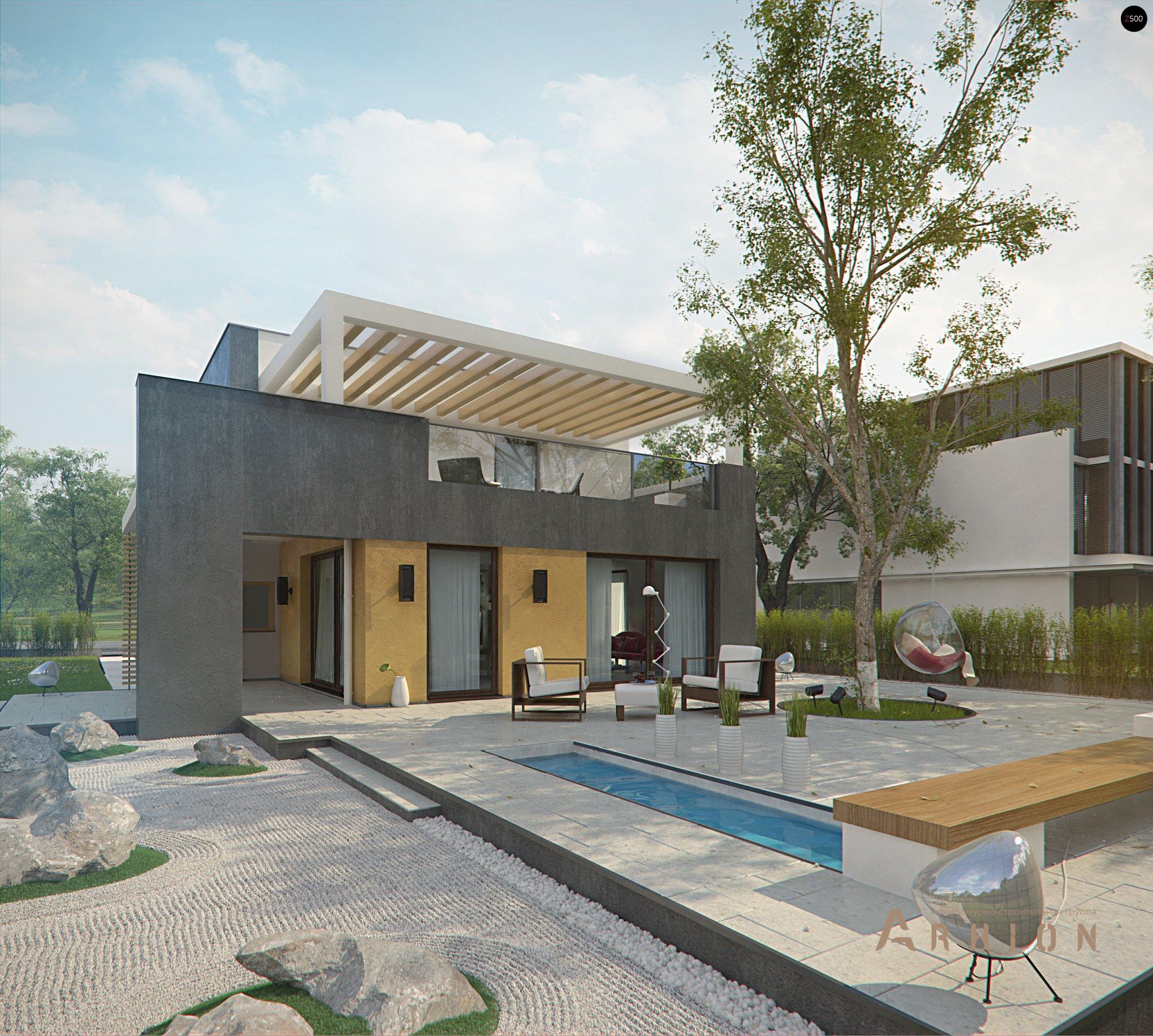 26. Проект двухэтажного дома в стиле минимализм с плоской кровлей , Zx45, площадью - 190 кв c терассой, балконом, гаражом