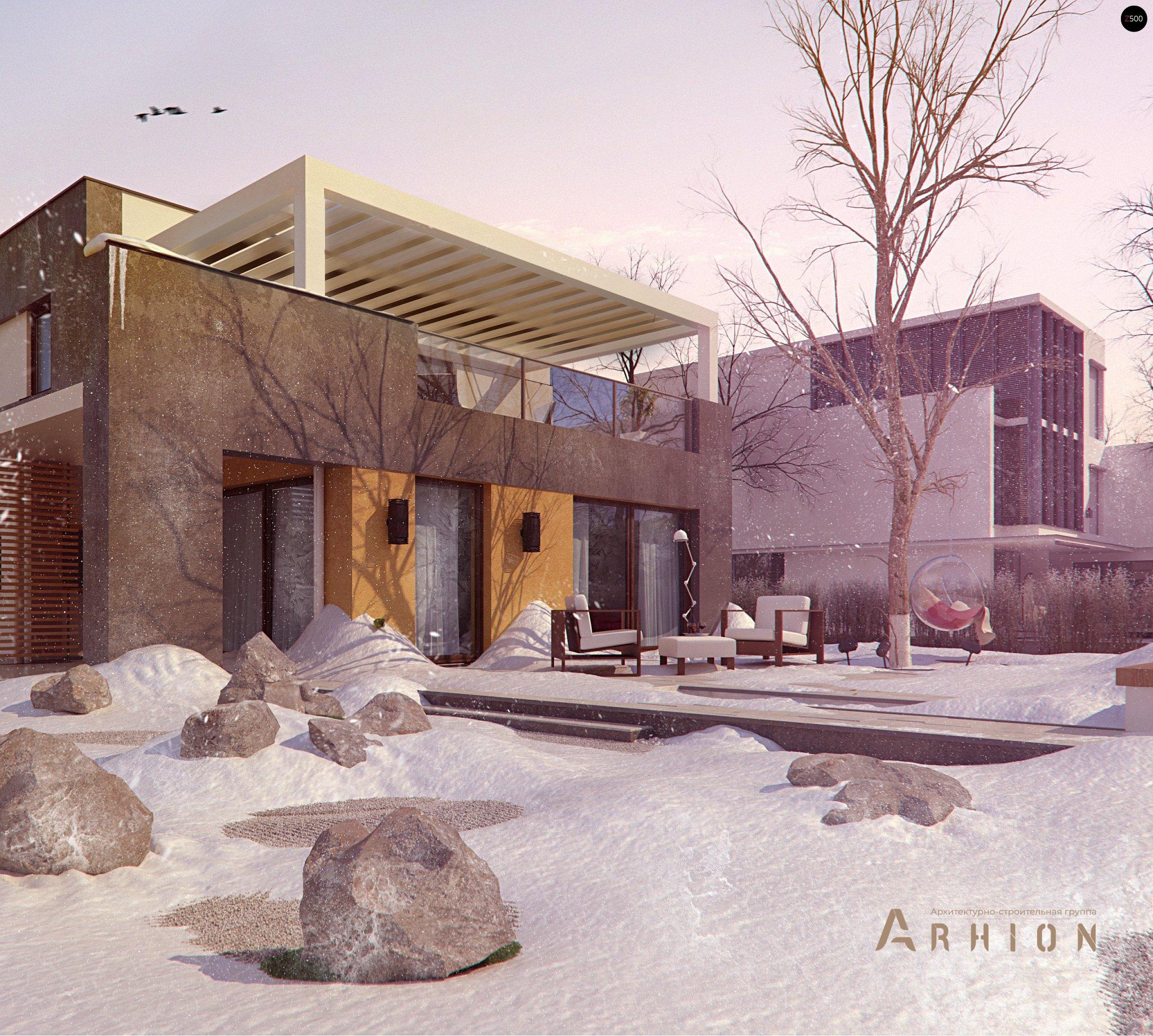 28. Проект двухэтажного дома в стиле минимализм с плоской кровлей , Zx45, площадью - 190 кв c терассой, балконом, гаражом