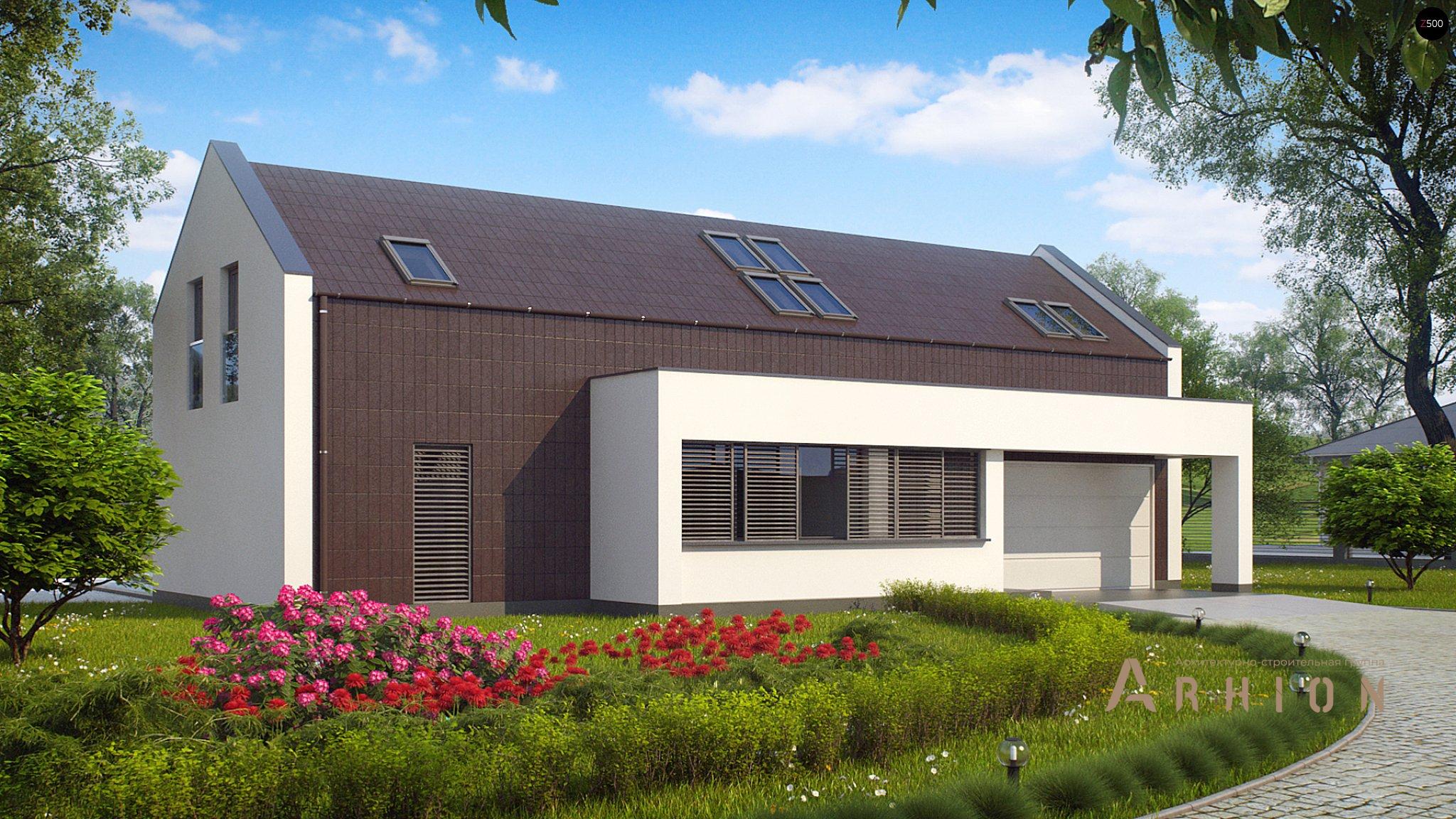 1. Проект одноэтажного дома в стиле барн с двускатной кровлей, Zx48, площадью - 248 кв c мансардой, терассой, гаражом