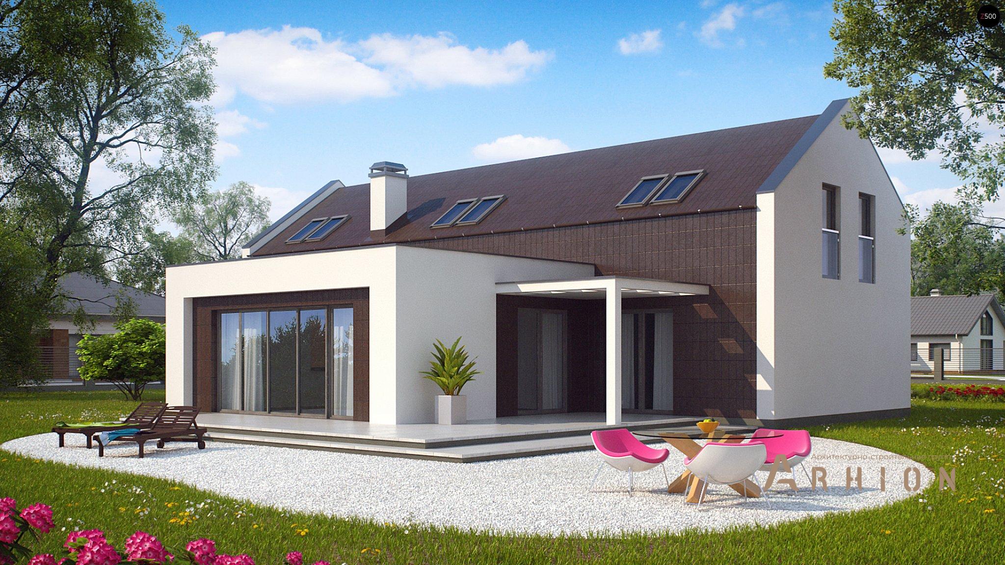 14. Проект одноэтажного дома в стиле барн с двускатной кровлей, Zx48, площадью - 248 кв c мансардой, терассой, гаражом