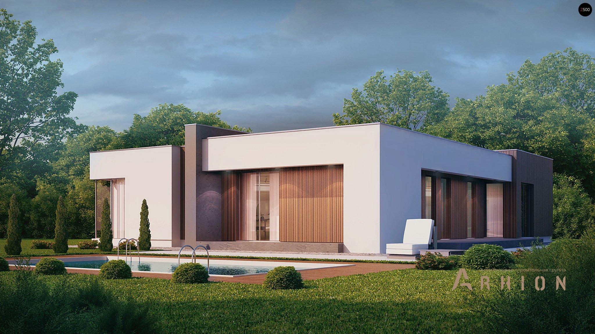 13. Проект одноэтажного дома в стиле минимализм с плоской кровлей , Zx49, площадью - 159 кв c терассой, гаражом