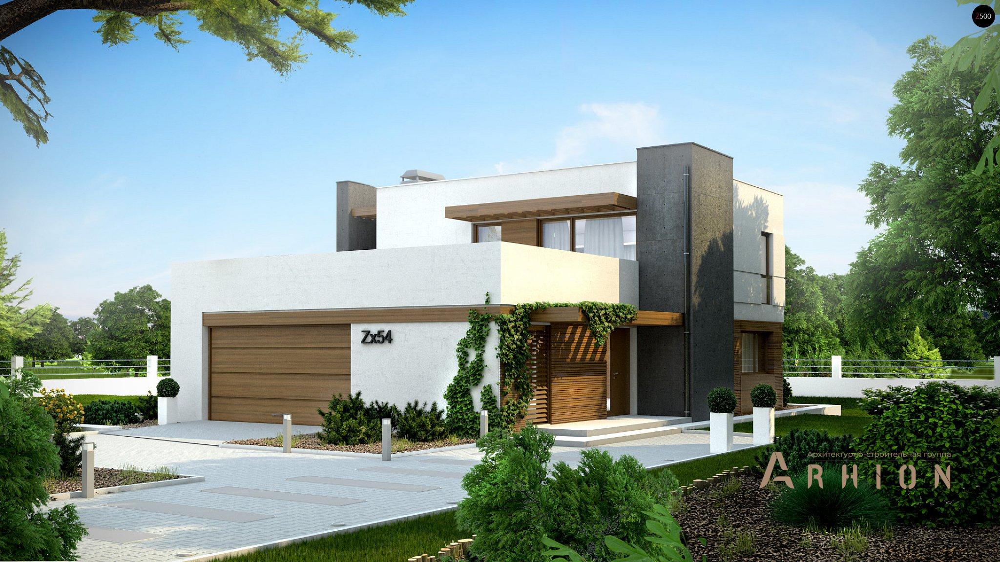 12. Проект двухэтажного дома в стиле хай-тек с плоской кровлей , Zx54, площадью - 182 кв c терассой, балконом, гаражом