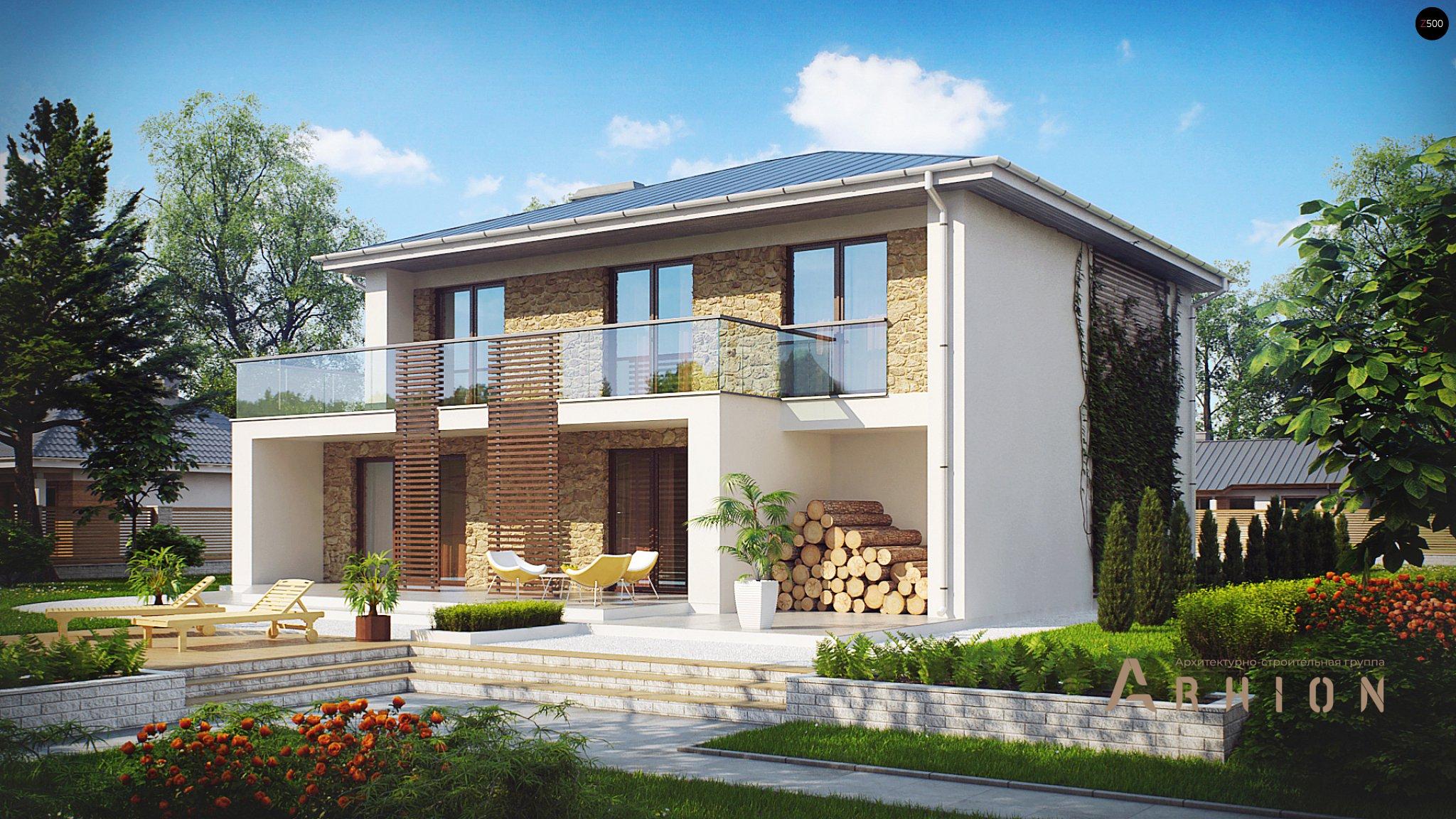 1. Проект двухэтажного дома в современном стиле с четырехскатной, Zx55, площадью - 181 кв c терассой, балконом, гаражом