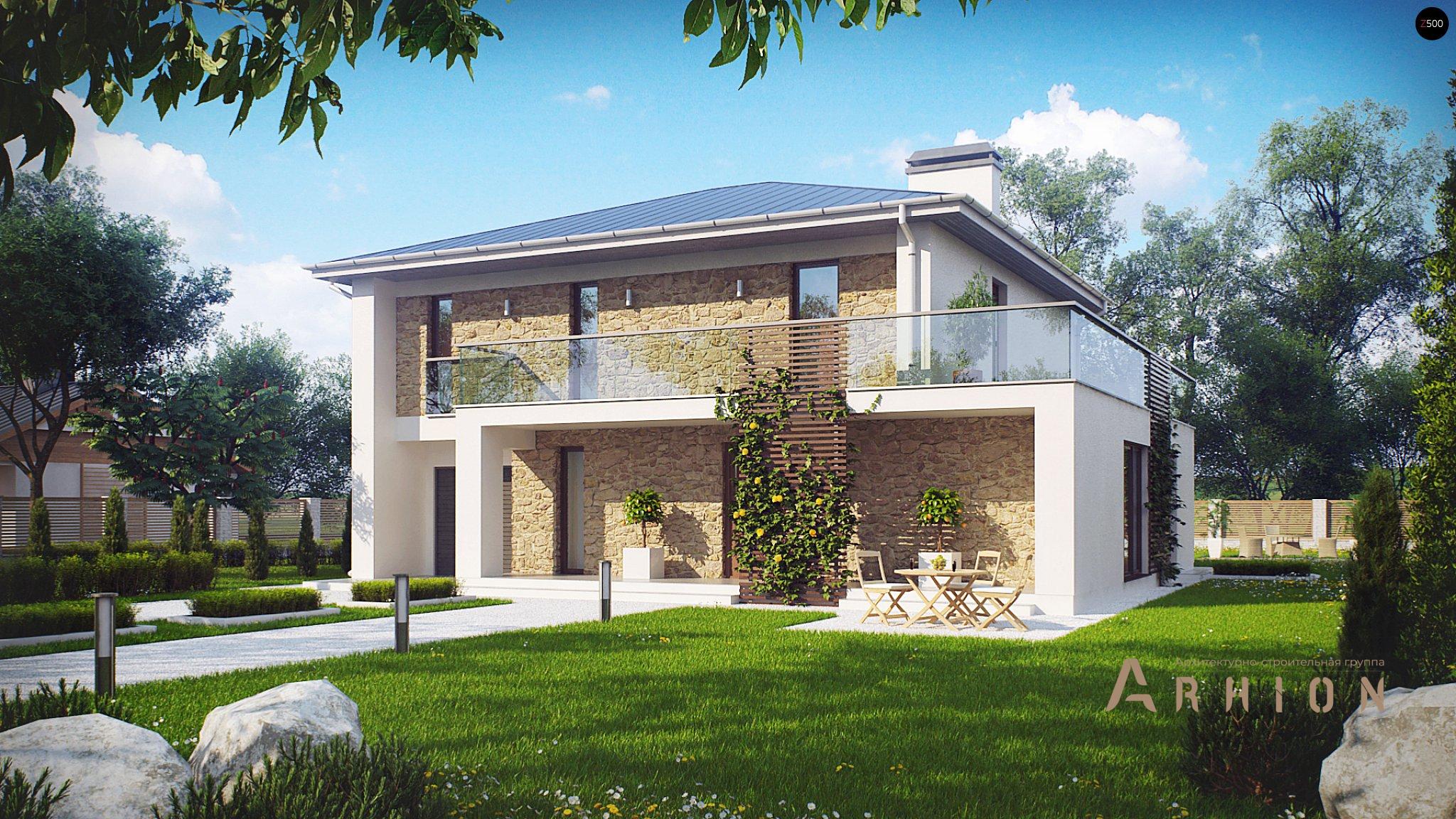 2. Проект двухэтажного дома в современном стиле с четырехскатной, Zx55, площадью - 181 кв c терассой, балконом, гаражом