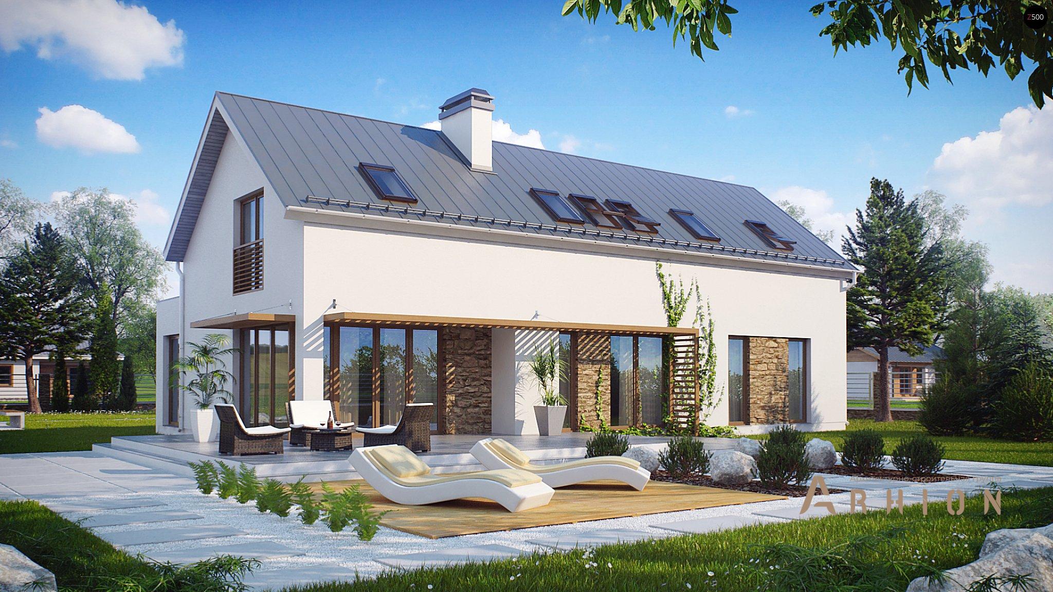 1. Проект одноэтажного дома в современном стиле с двускатной кровлей, Zx58, площадью - 207 кв c мансардой, терассой, гаражом