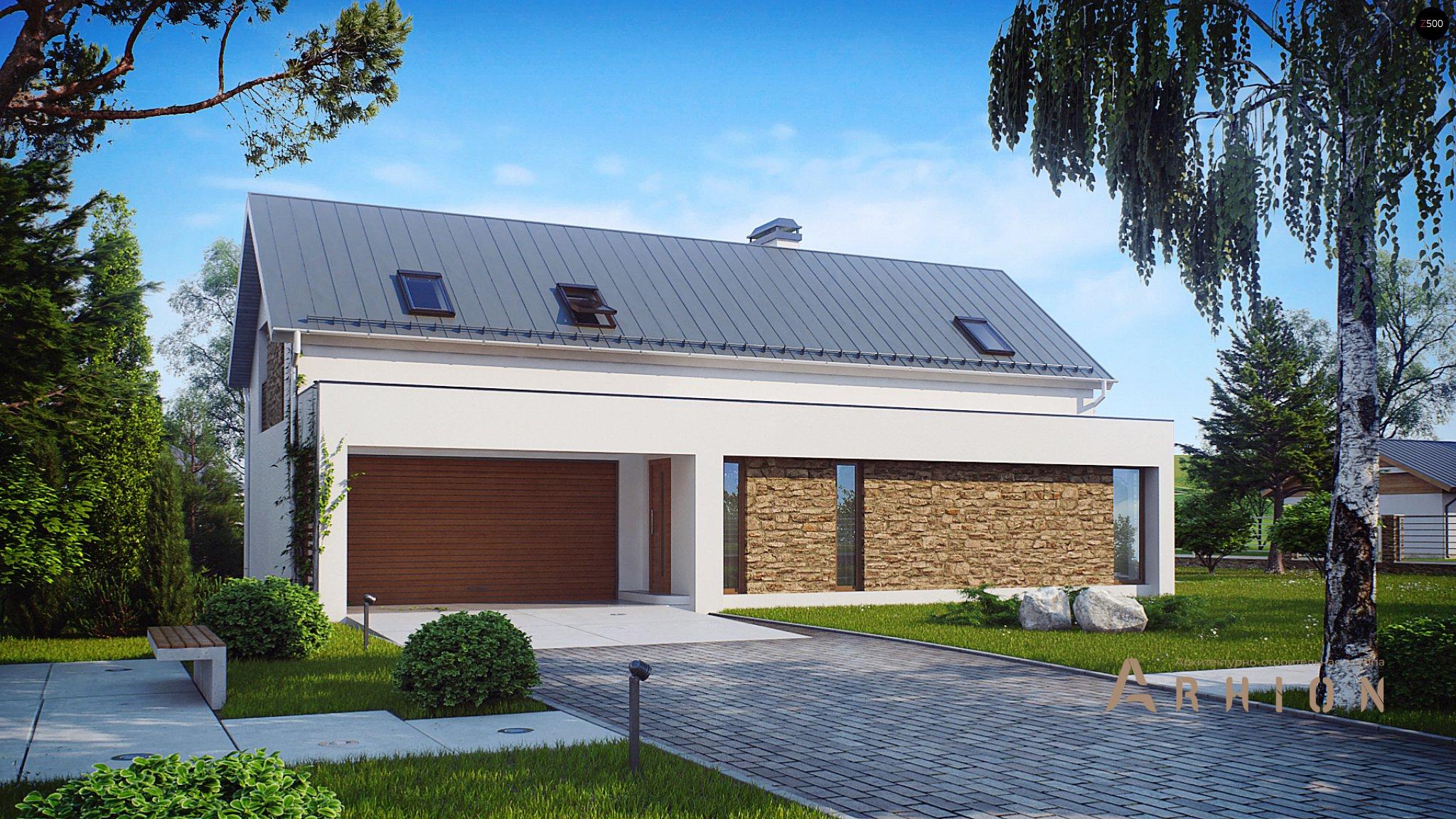 2. Проект одноэтажного дома в современном стиле с двускатной кровлей, Zx58, площадью - 207 кв c мансардой, терассой, гаражом