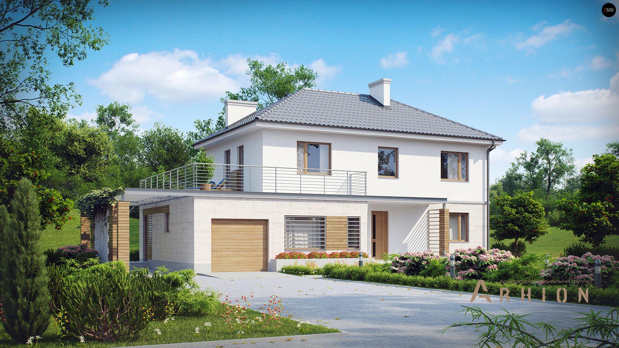 1. Проект двухэтажного дома в современном стиле с четырехскатной, Zx6, площадью - 192 кв c терассой, балконом, гаражом