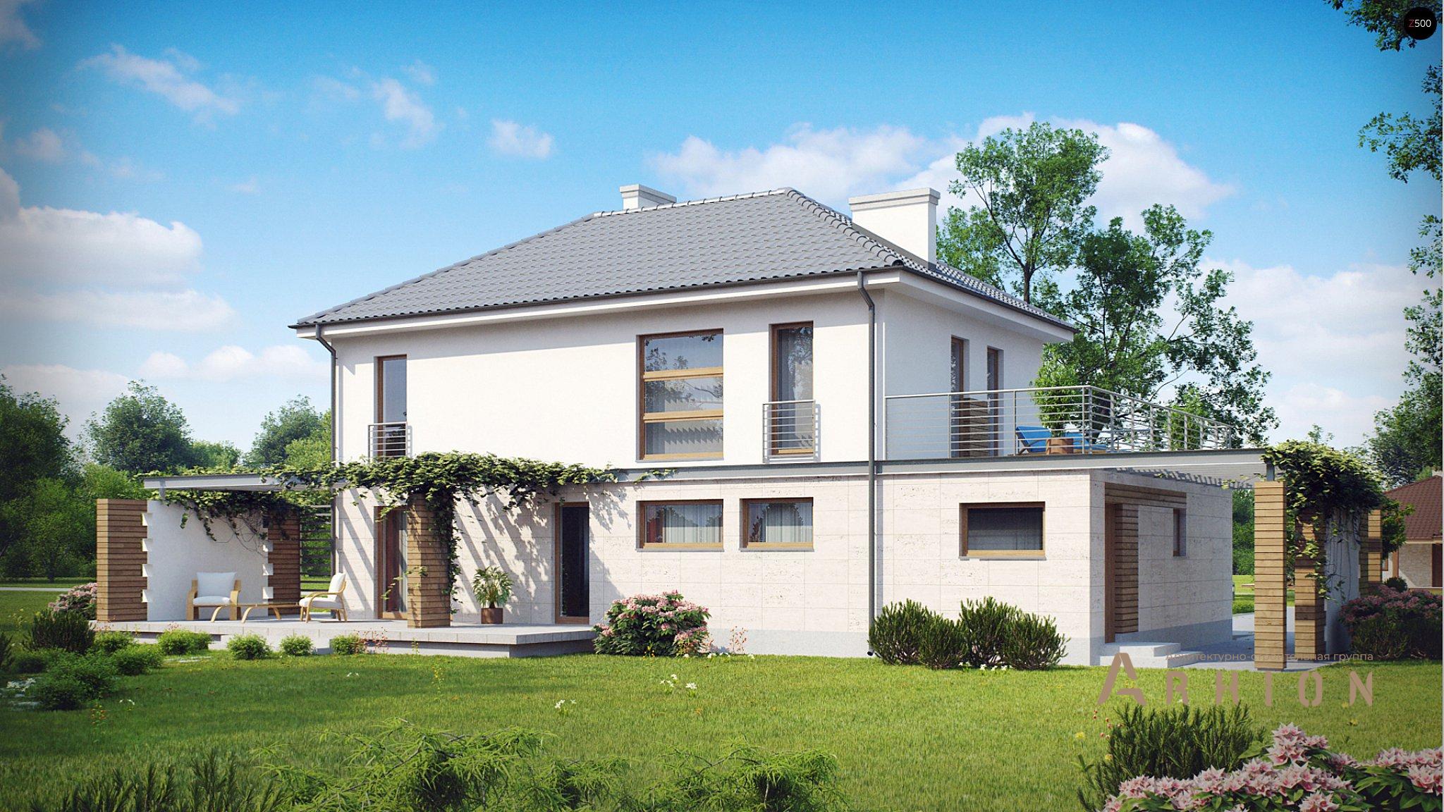 2. Проект двухэтажного дома в современном стиле с четырехскатной, Zx6, площадью - 192 кв c терассой, балконом, гаражом