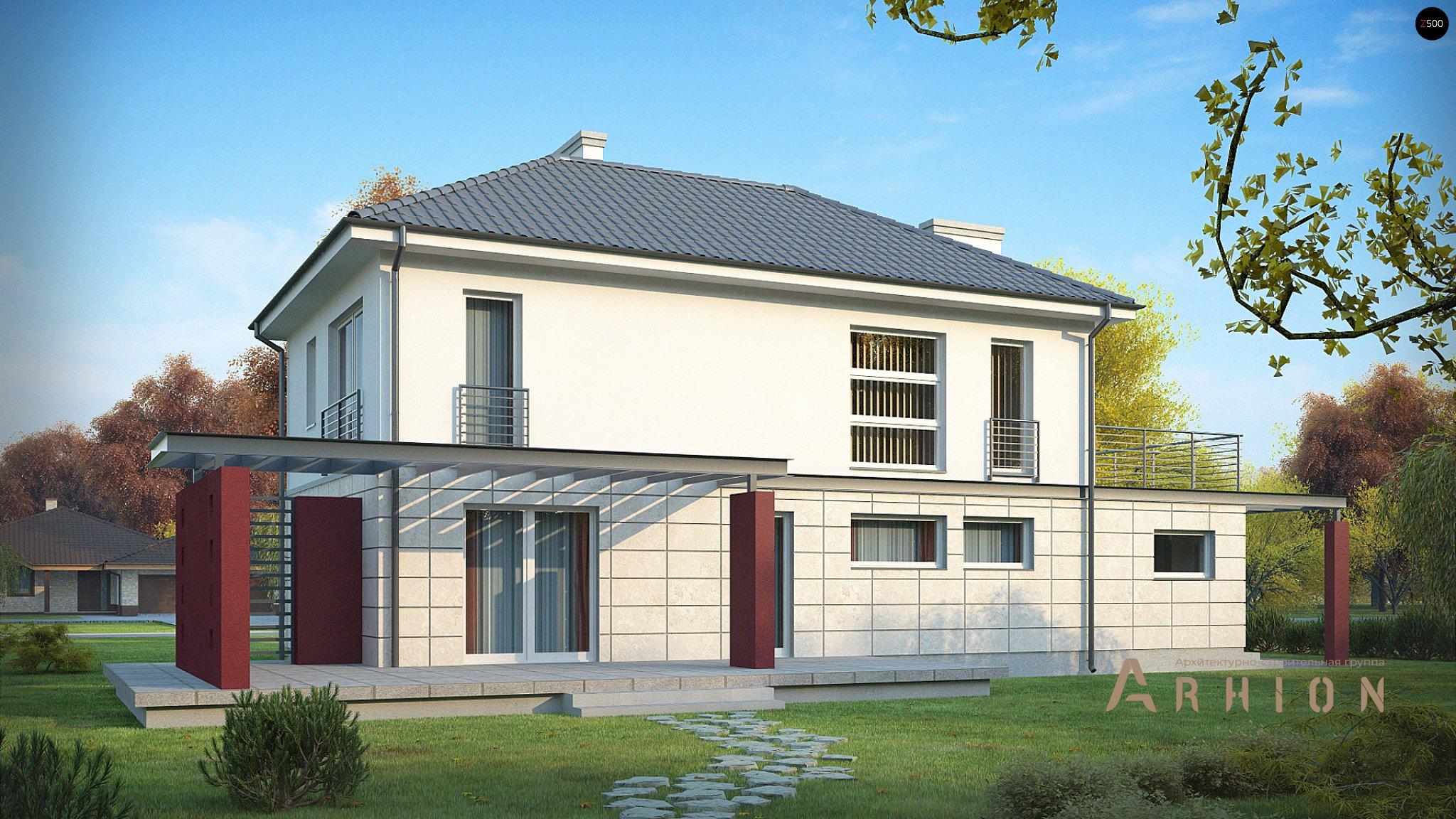 4. Проект двухэтажного дома в современном стиле с четырехскатной, Zx6, площадью - 192 кв c терассой, балконом, гаражом