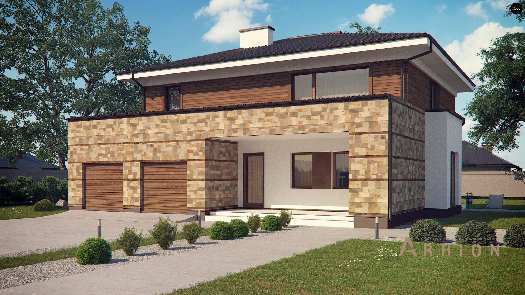 3. Проект двухэтажного дома в современном стиле с четырехскатной, Zx62, площадью - 255 кв c сауной, терассой, гаражом