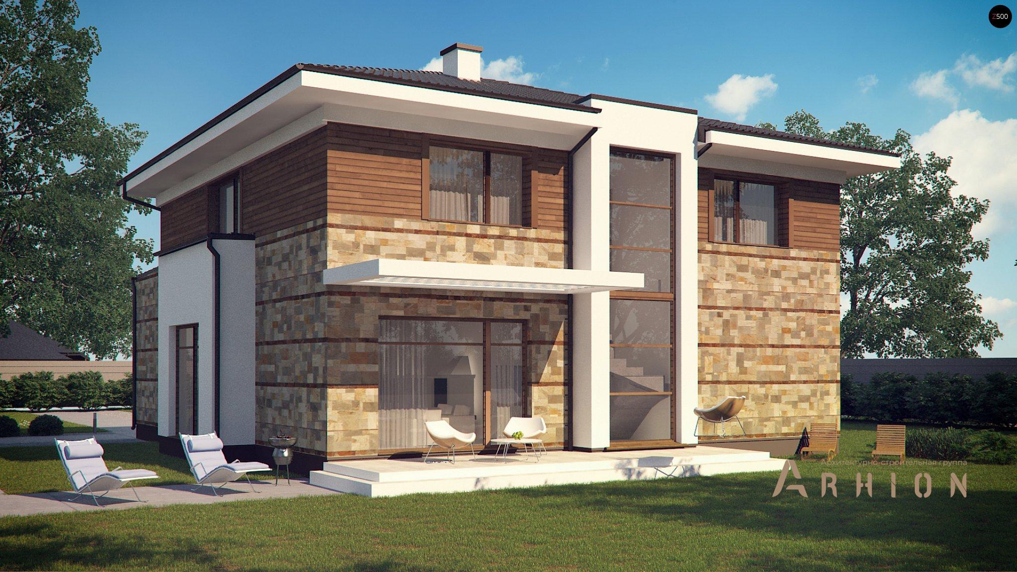 4. Проект двухэтажного дома в современном стиле с четырехскатной, Zx62, площадью - 255 кв c сауной, терассой, гаражом