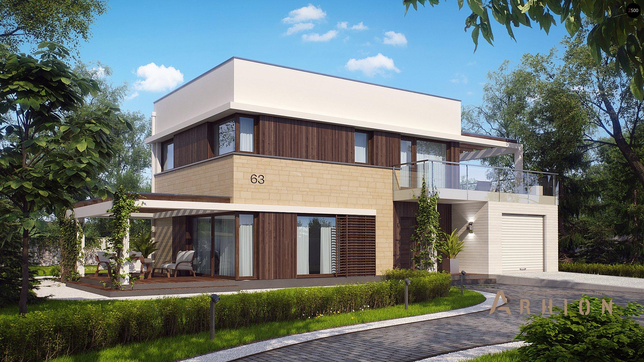 22. Проект двухэтажного дома в стиле хай-тек с плоской кровлей , Zx63, площадью - 125 кв c терассой, балконом, гаражом