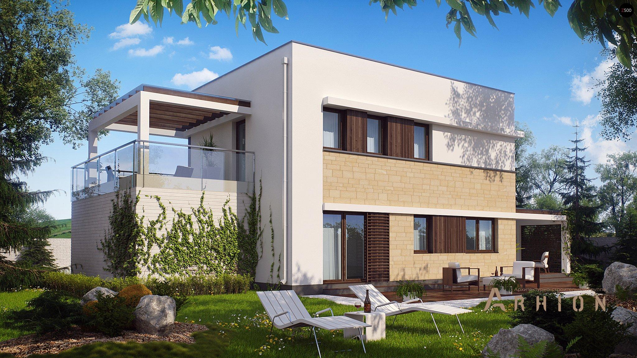 23. Проект двухэтажного дома в стиле хай-тек с плоской кровлей , Zx63, площадью - 125 кв c терассой, балконом, гаражом