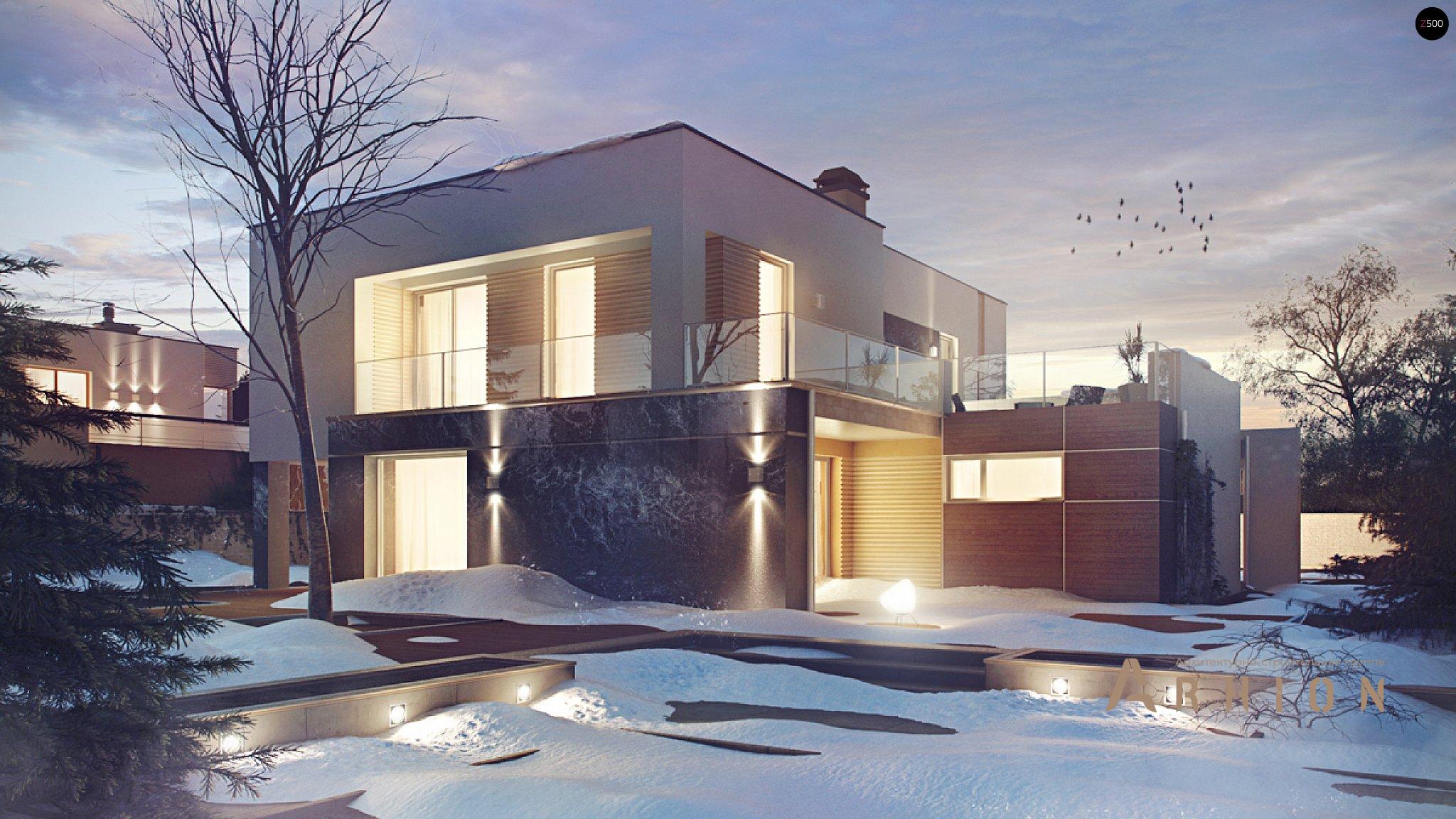 1. Проект двухэтажного дома в стиле хай-тек с плоской кровлей , Zx64, площадью - 215 кв c терассой, гаражом