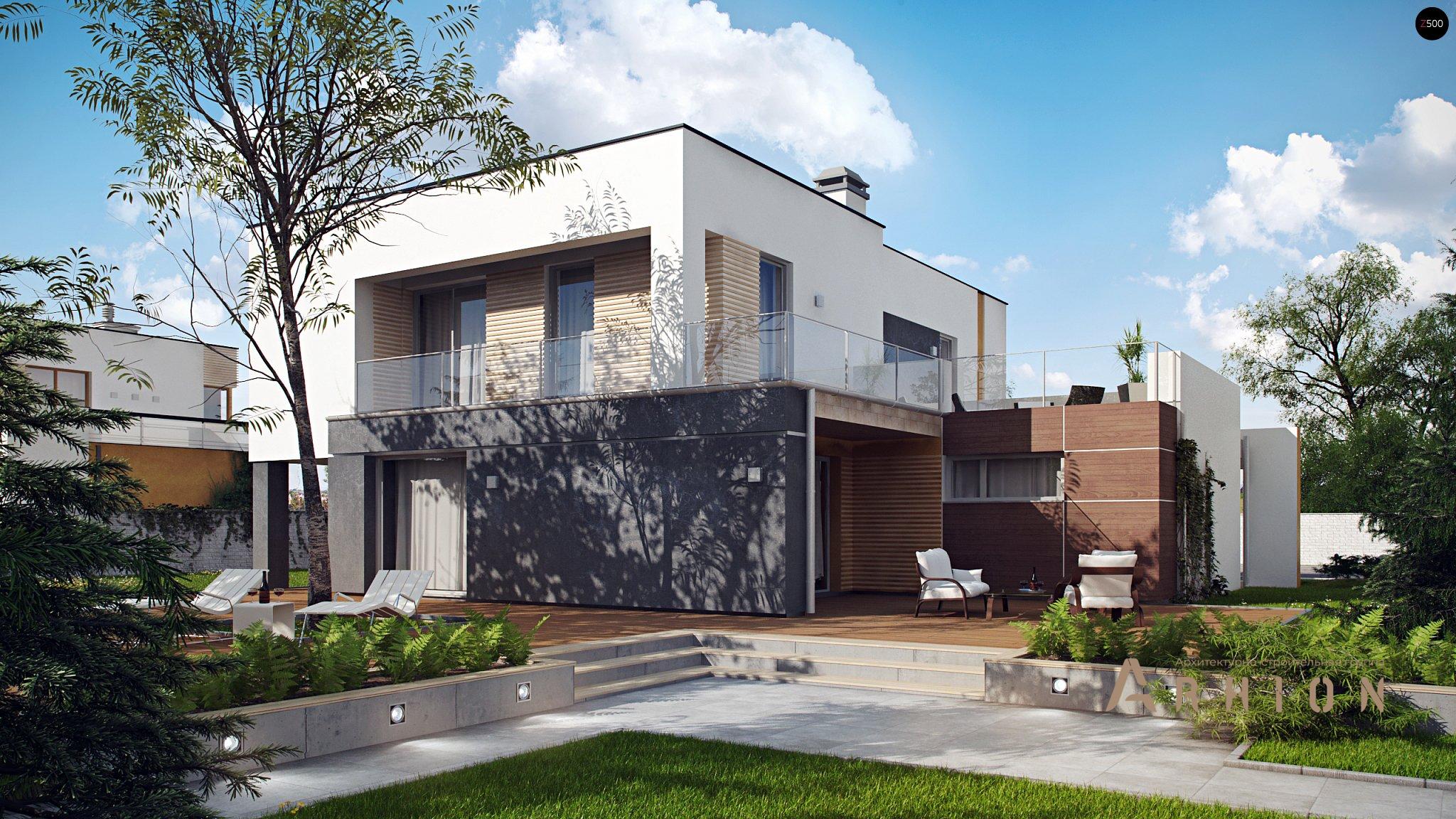 2. Проект двухэтажного дома в стиле хай-тек с плоской кровлей , Zx64, площадью - 215 кв c терассой, гаражом