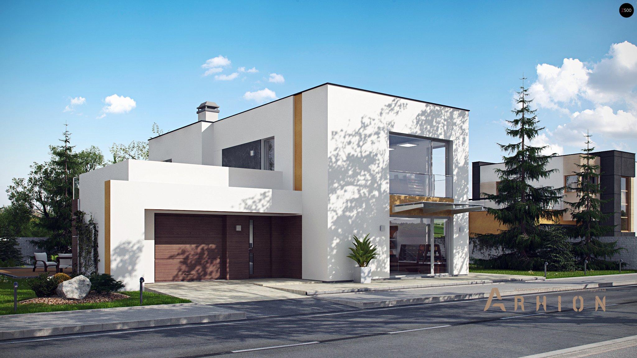 3. Проект двухэтажного дома в стиле хай-тек с плоской кровлей , Zx64, площадью - 215 кв c терассой, гаражом