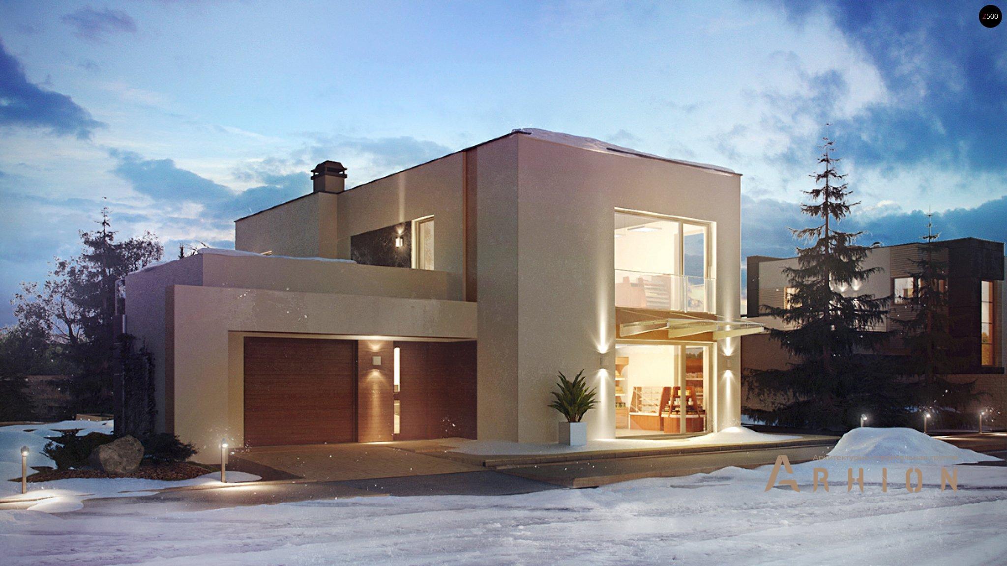 4. Проект двухэтажного дома в стиле хай-тек с плоской кровлей , Zx64, площадью - 215 кв c терассой, гаражом