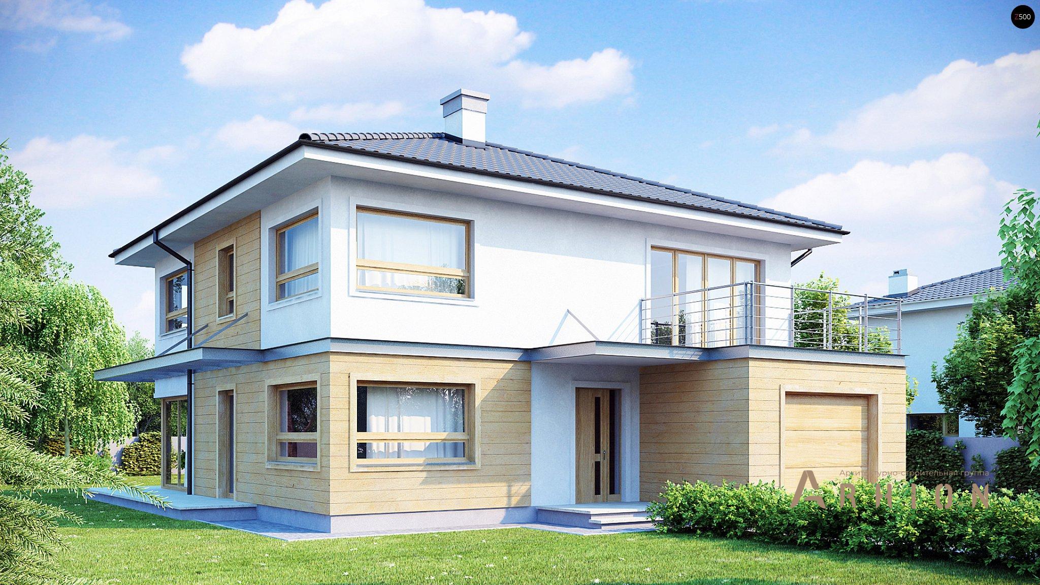 1. Проект двухэтажного дома в современном стиле с четырехскатной, Zx7, площадью - 211 кв c терассой, гаражом