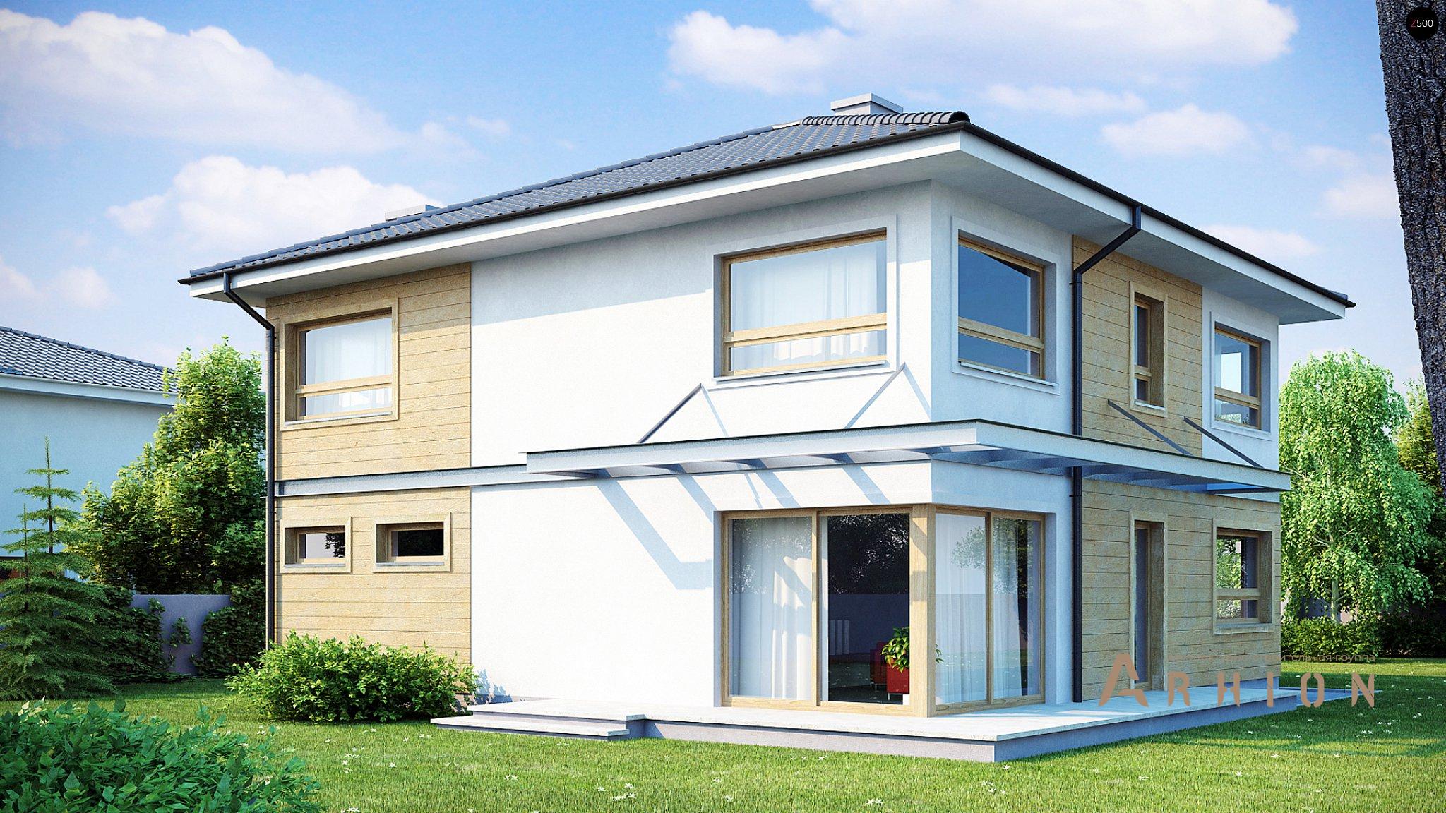 2. Проект двухэтажного дома в современном стиле с четырехскатной, Zx7, площадью - 211 кв c терассой, гаражом