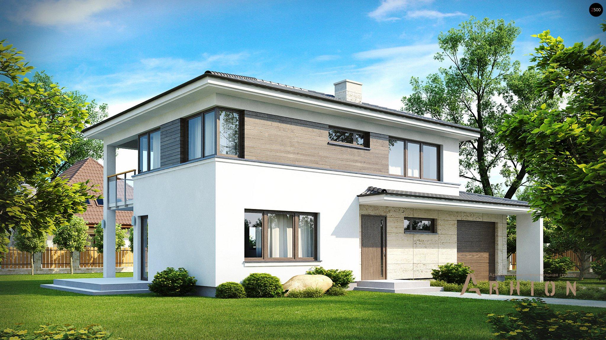 1. Проект двухэтажного дома в современном стиле с четырехскатной, Zx8, площадью - 164 кв c терассой, балконом, гаражом